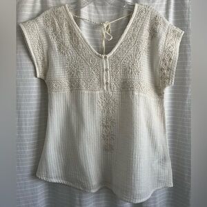Sigrid Olsen Cream Ivory Off White V-Neck Cap Sleeve Embroidered Boho Top XS